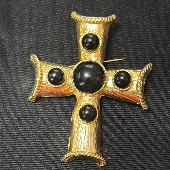 Gold Cross Brooch with Black Accents - Picture 2 of 4